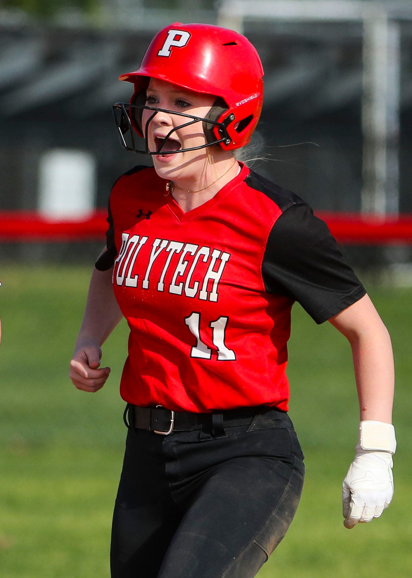 Polytech's Cheyenne Silves reacts as the Panthers extend a fourth inning rally in Polytech's 8-3 win at Smyrna High School, Thursday, April 18, 2024.